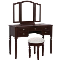 43 Inch 3 Piece Vanity Desk Set with Elegant Trifold Mirror and a Cushioned Stool, Espresso Brown Solid Wood - UPT-272880