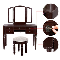 43 Inch 3 Piece Vanity Desk Set with Elegant Trifold Mirror and a Cushioned Stool, Espresso Brown Solid Wood - UPT-272880