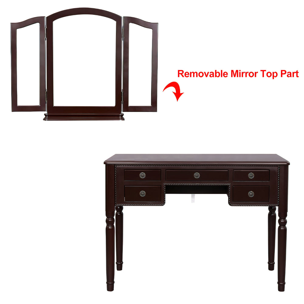 43 Inch 3 Piece Vanity Desk Set with Elegant Trifold Mirror and a Cushioned Stool, Espresso Brown Solid Wood - UPT-272880