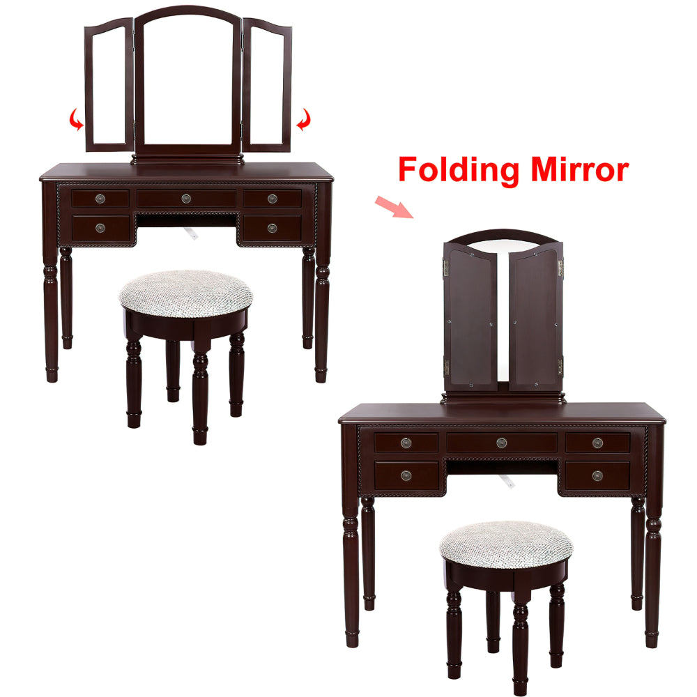 43 Inch 3 Piece Vanity Desk Set with Elegant Trifold Mirror and a Cushioned Stool, Espresso Brown Solid Wood - UPT-272880