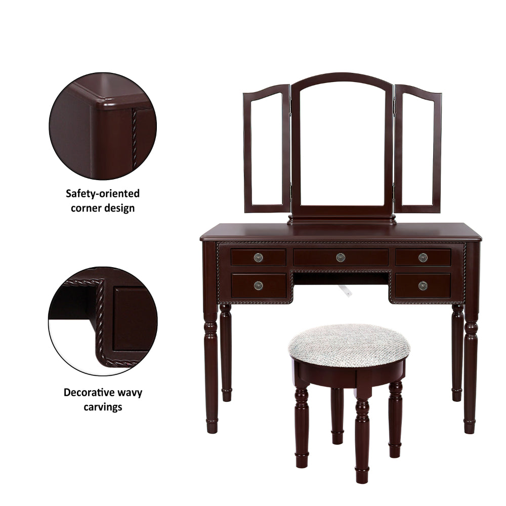 43 Inch 3 Piece Vanity Desk Set with Elegant Trifold Mirror and a Cushioned Stool, Espresso Brown Solid Wood - UPT-272880