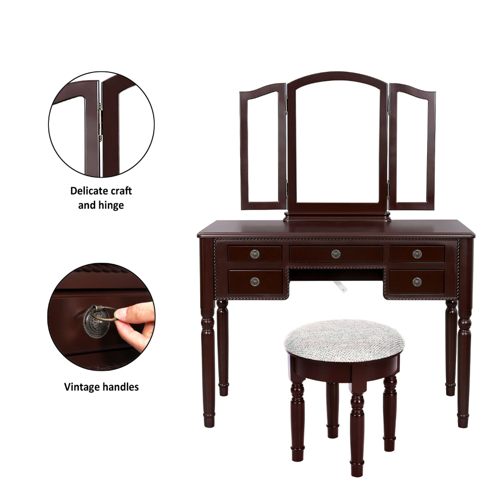 43 Inch 3 Piece Vanity Desk Set with Elegant Trifold Mirror and a Cushioned Stool, Espresso Brown Solid Wood - UPT-272880