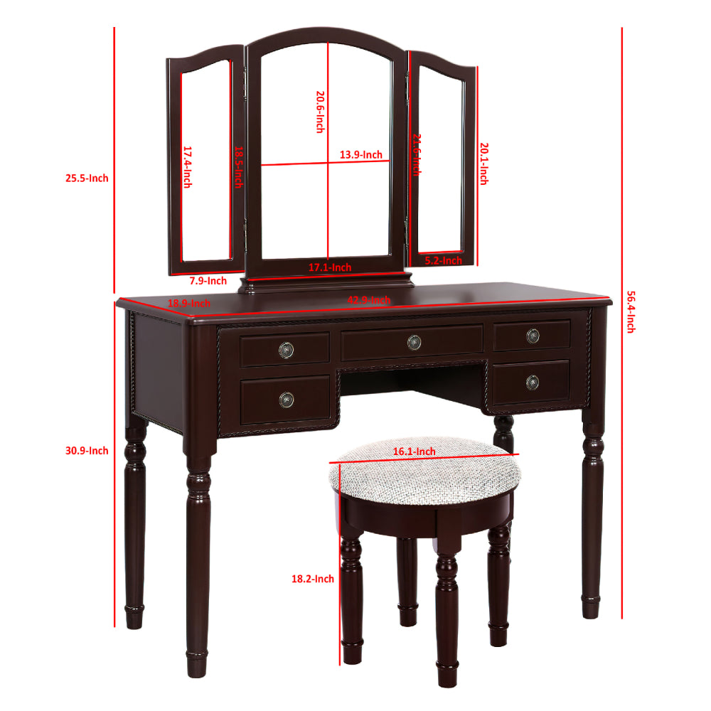 43 Inch 3 Piece Vanity Desk Set with Elegant Trifold Mirror and a Cushioned Stool, Espresso Brown Solid Wood - UPT-272880