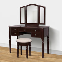 43 Inch 3 Piece Vanity Desk Set with Elegant Trifold Mirror and a Cushioned Stool, Espresso Brown Solid Wood - UPT-272880