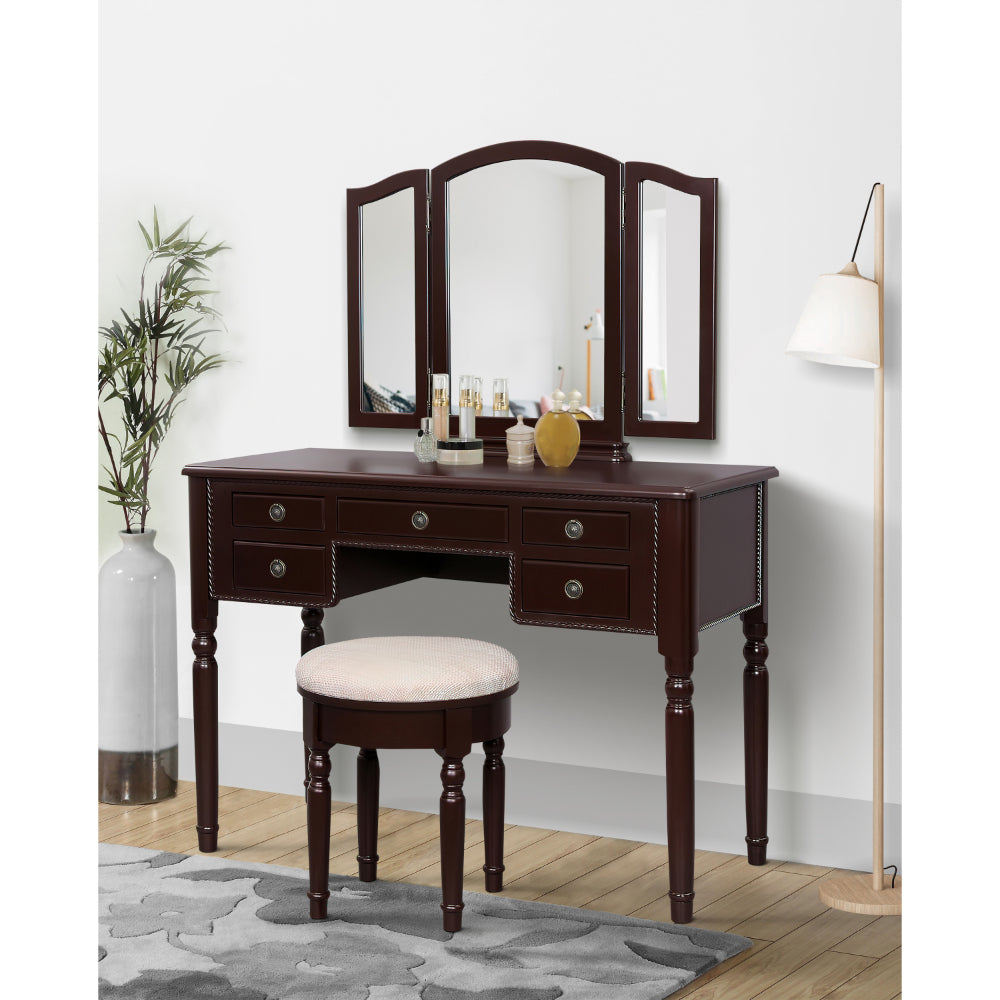 43 Inch 3 Piece Vanity Desk Set with Elegant Trifold Mirror and a Cushioned Stool, Espresso Brown Solid Wood - UPT-272880