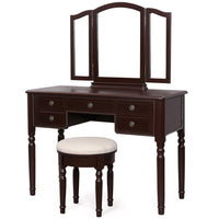 43 Inch 3 Piece Vanity Desk Set with Elegant Trifold Mirror and a Cushioned Stool, Espresso Brown Solid Wood - UPT-272880