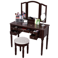 43 Inch 3 Piece Vanity Desk Set with Elegant Trifold Mirror and a Cushioned Stool, Espresso Brown Solid Wood - UPT-272880