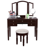 43 Inch 3 Piece Vanity Desk Set with Elegant Trifold Mirror and a Cushioned Stool, Espresso Brown Solid Wood - UPT-272880