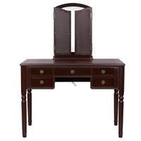 43 Inch 3 Piece Vanity Desk Set with Elegant Trifold Mirror and a Cushioned Stool, Espresso Brown Solid Wood - UPT-272880