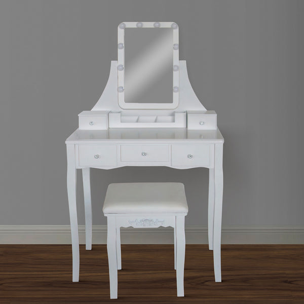 32 Inch 3 Piece Vanity Desk Set with LED Lights, 5 Drawers, Cushioned Stool, White Solid Wood - UPT-272881