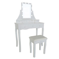 32 Inch 3 Piece Vanity Desk Set with LED Lights, 5 Drawers, Cushioned Stool, White Solid Wood - UPT-272881