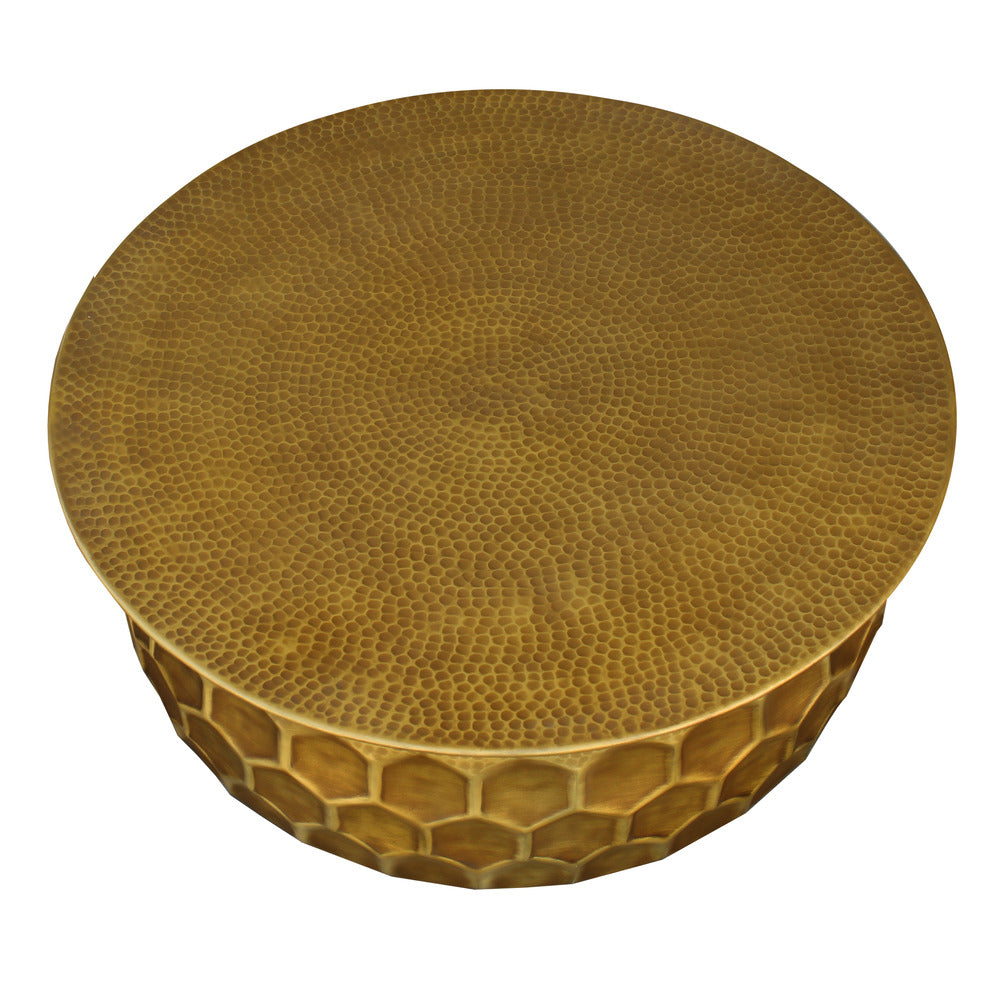 Jed 32 Inch Handcrafted Industrial Hammered Brass Round Coffee Table, Aluminum, Antique Brass - UPT-272882