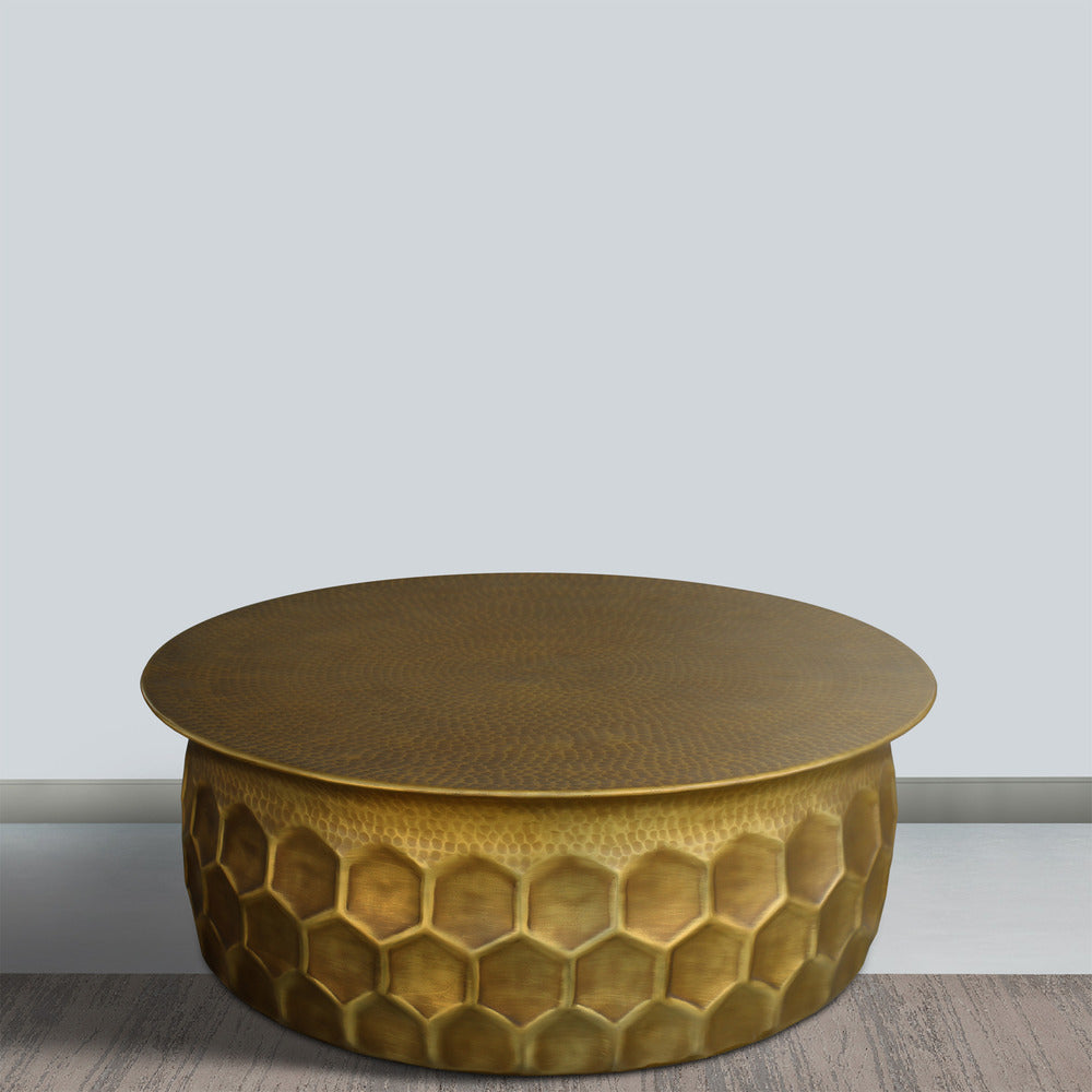 Jed 32 Inch Handcrafted Industrial Hammered Brass Round Coffee Table, –  Benzara