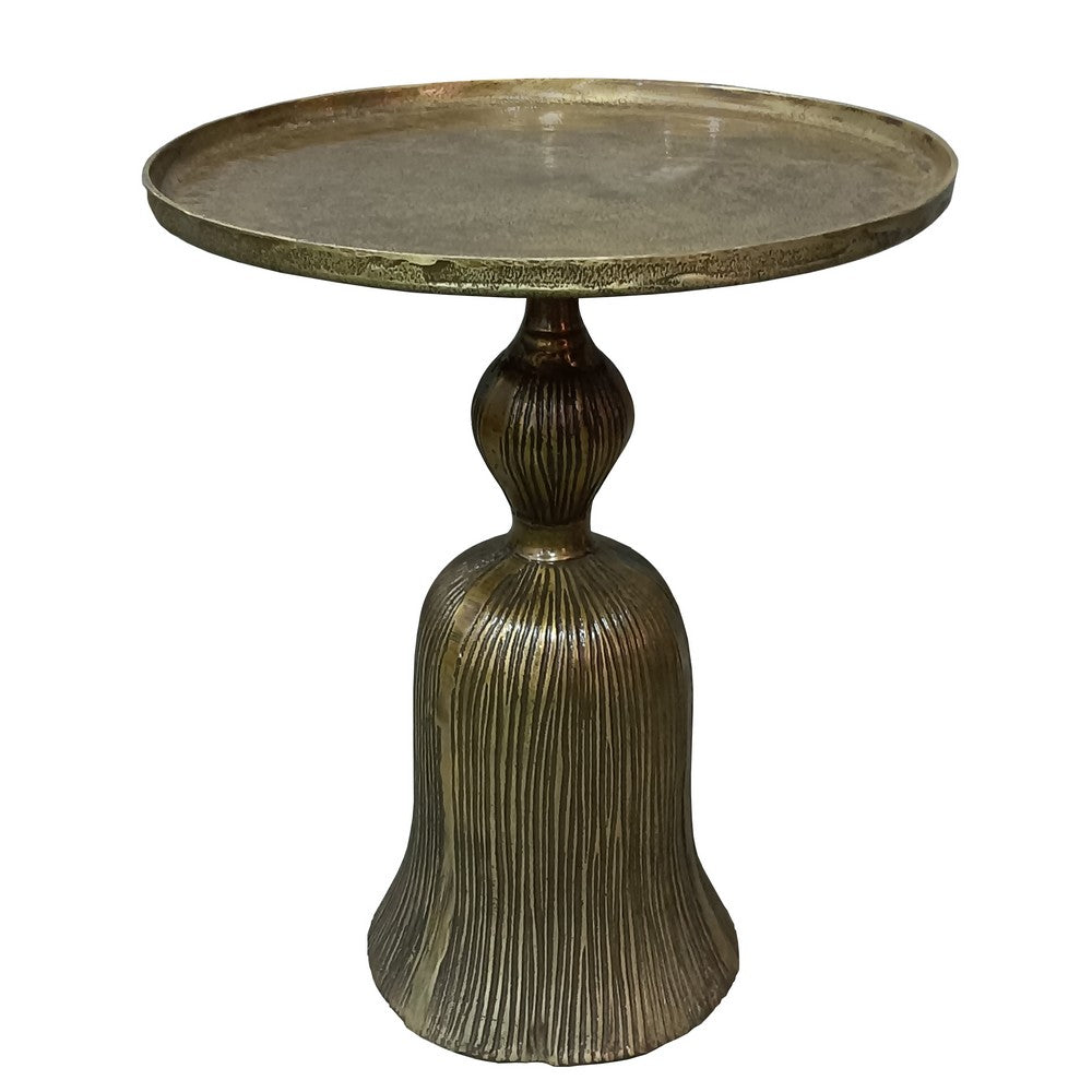 23 Inch Classic Vintage Accent Side Table, Round Tray Top, Aluminum, Pedestal Base, Ridges, Antique Brass - UPT-272885