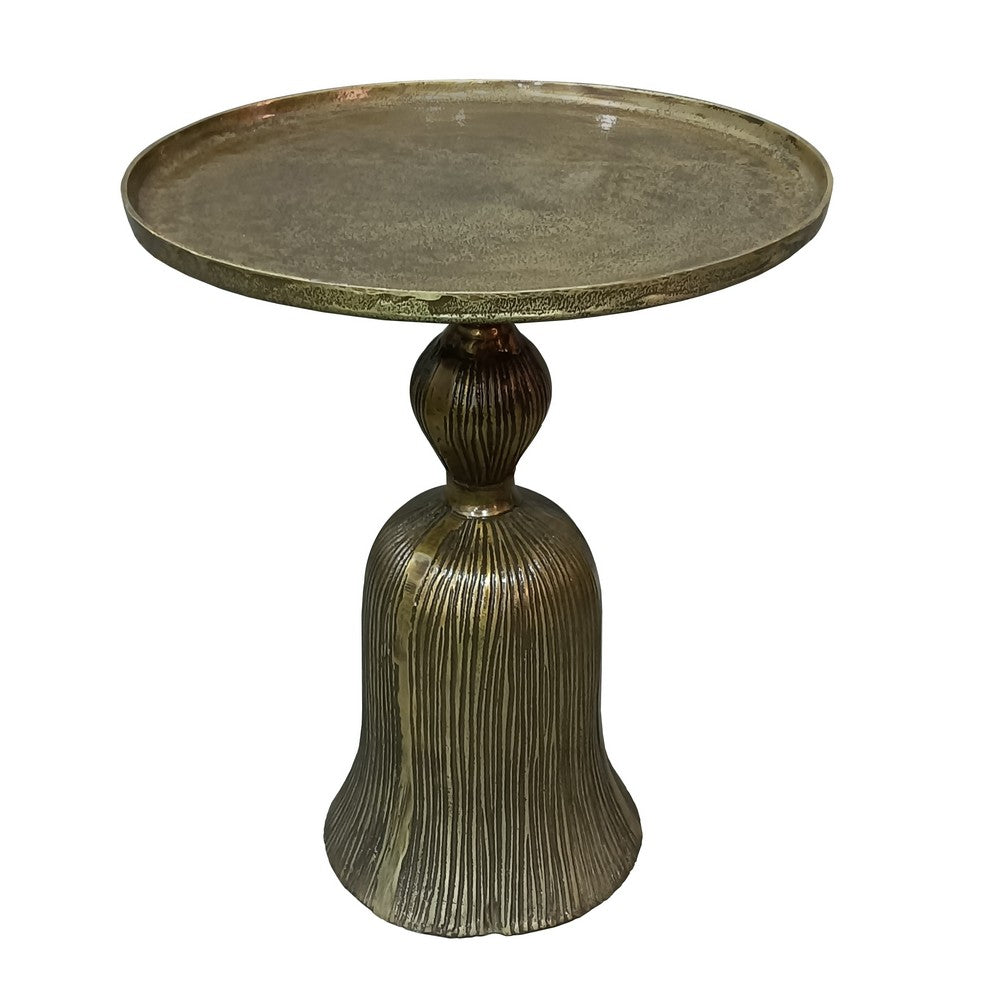 23 Inch Classic Vintage Accent Side Table, Round Tray Top, Aluminum, Pedestal Base, Ridges, Antique Brass - UPT-272885