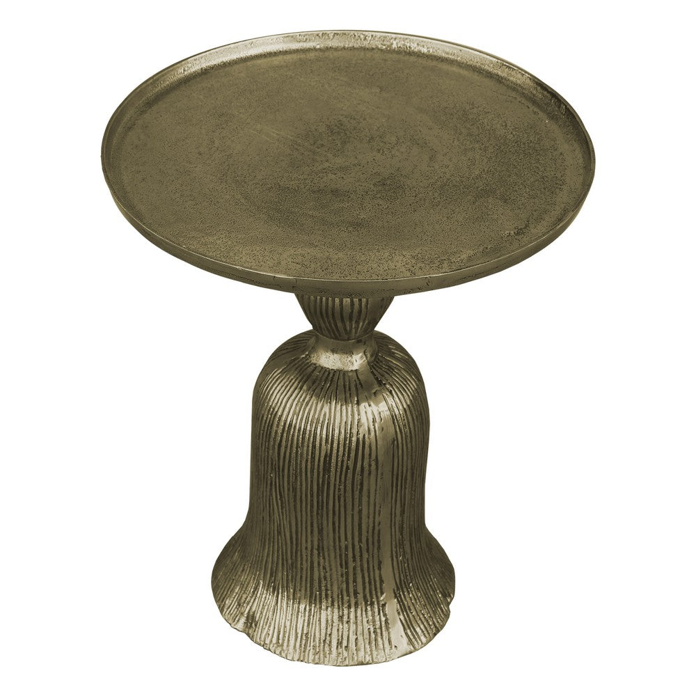 23 Inch Classic Vintage Accent Side Table, Round Tray Top, Aluminum, Pedestal Base, Ridges, Antique Brass - UPT-272885