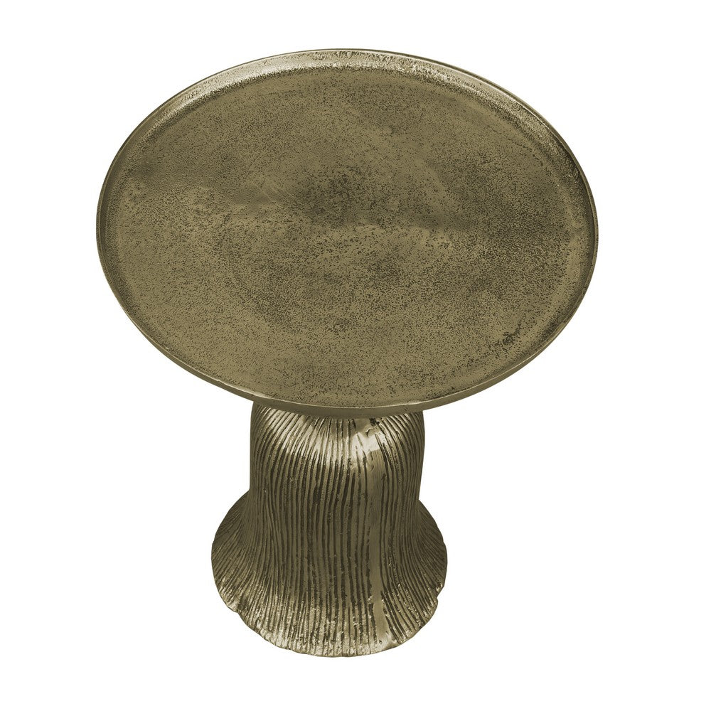 23 Inch Classic Vintage Accent Side Table, Round Tray Top, Aluminum, Pedestal Base, Ridges, Antique Brass - UPT-272885