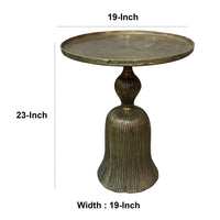 23 Inch Classic Vintage Accent Side Table, Round Tray Top, Aluminum, Pedestal Base, Ridges, Antique Brass - UPT-272885