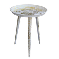 20 Inch Artisanal Industrial Round Tray Top Iron Side End Table, Tripod Base, Distressed White, Gold - UPT-272887