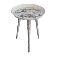 20 Inch Artisanal Industrial Round Tray Top Iron Side End Table, Tripod Base, Distressed White, Gold - UPT-272887