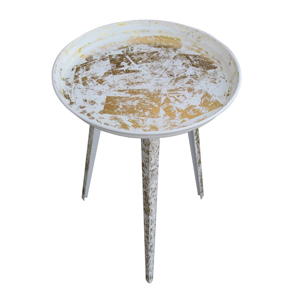 20 Inch Artisanal Industrial Round Tray Top Iron Side End Table, Tripod Base, Distressed White, Gold - UPT-272887