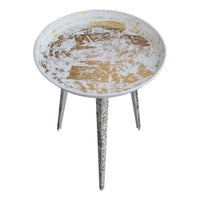 20 Inch Artisanal Industrial Round Tray Top Iron Side End Table, Tripod Base, Distressed White, Gold - UPT-272887