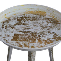 20 Inch Artisanal Industrial Round Tray Top Iron Side End Table, Tripod Base, Distressed White, Gold - UPT-272887