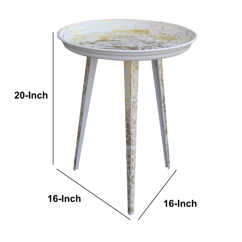 20 Inch Artisanal Industrial Round Tray Top Iron Side End Table, Tripod Base, Distressed White, Gold - UPT-272887