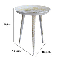 20 Inch Artisanal Industrial Round Tray Top Iron Side End Table, Tripod Base, Distressed White, Gold - UPT-272887