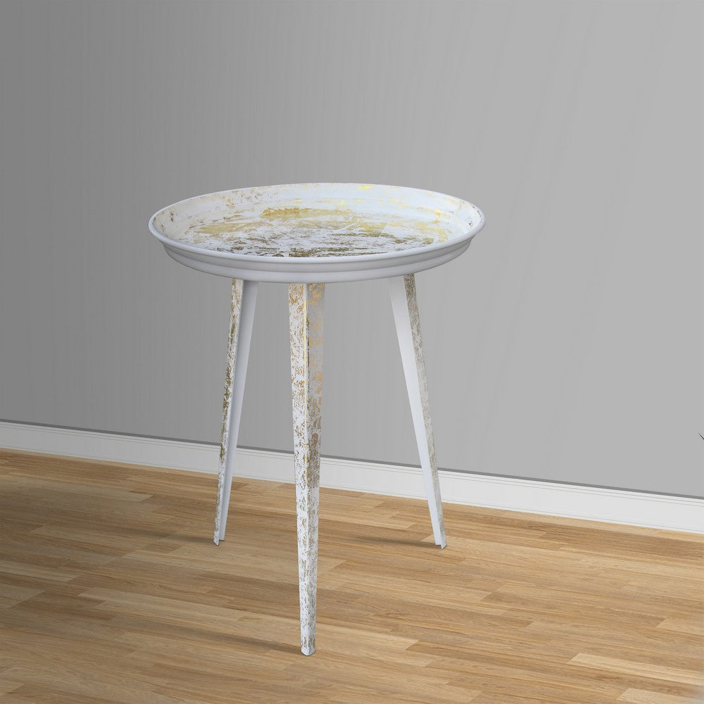 20 Inch Artisanal Industrial Round Tray Top Iron Side End Table, Tripod Base, Distressed White, Gold - UPT-272887