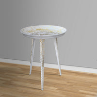 20 Inch Artisanal Industrial Round Tray Top Iron Side End Table, Tripod Base, Distressed White, Gold - UPT-272887