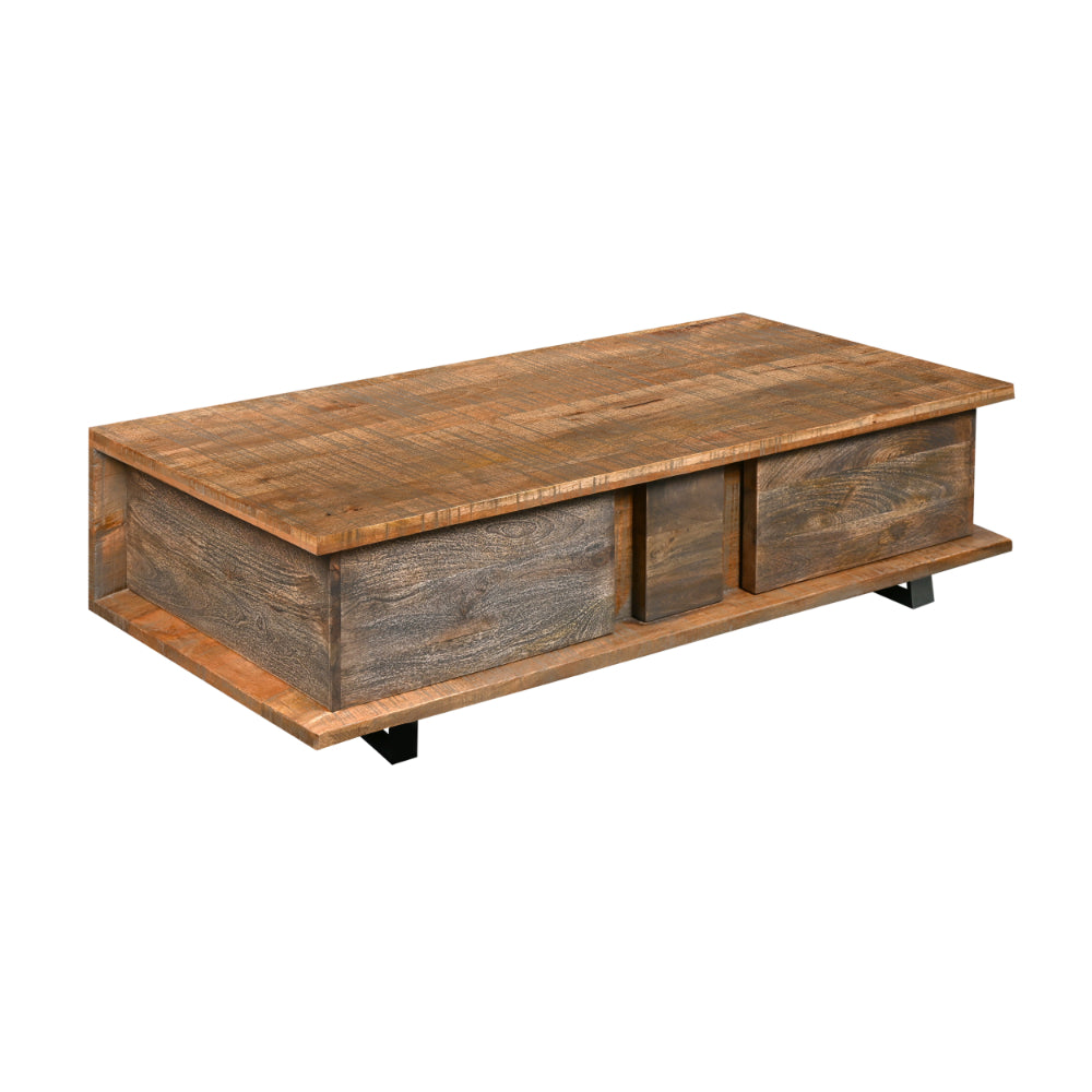 48 Inch Handcrafted Rectangular Coffee Table with 2 Drawers, Black Iron Sled Base, Rustic Natural Brown - UPT-272888