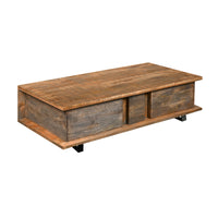 48 Inch Handcrafted Rectangular Coffee Table with 2 Drawers, Black Iron Sled Base, Rustic Natural Brown - UPT-272888