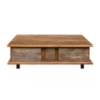 48 Inch Handcrafted Rectangular Coffee Table with 2 Drawers, Black Iron Sled Base, Rustic Natural Brown - UPT-272888