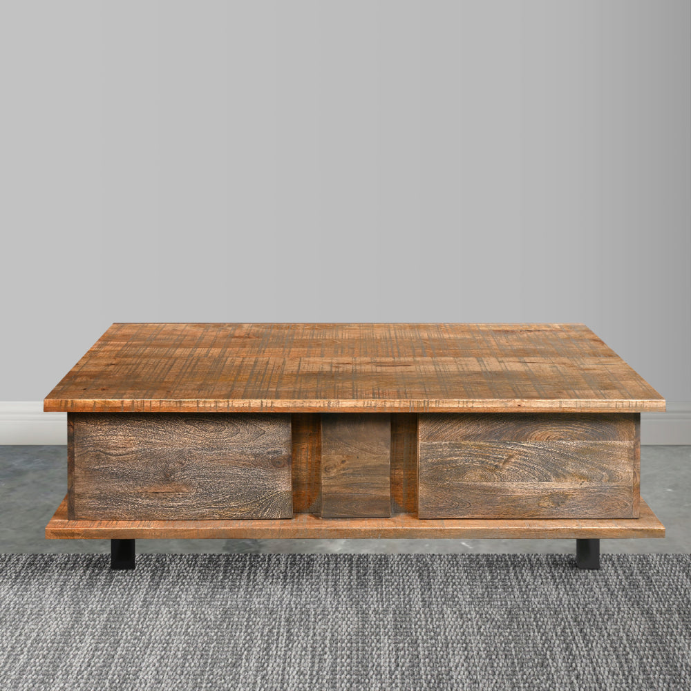 48 Inch Handcrafted Rectangular Coffee Table with 2 Drawers, Black Iron Sled Base, Rustic Natural Brown - UPT-272888