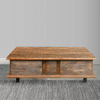 48 Inch Handcrafted Rectangular Coffee Table with 2 Drawers, Black Iron Sled Base, Rustic Natural Brown - UPT-272888