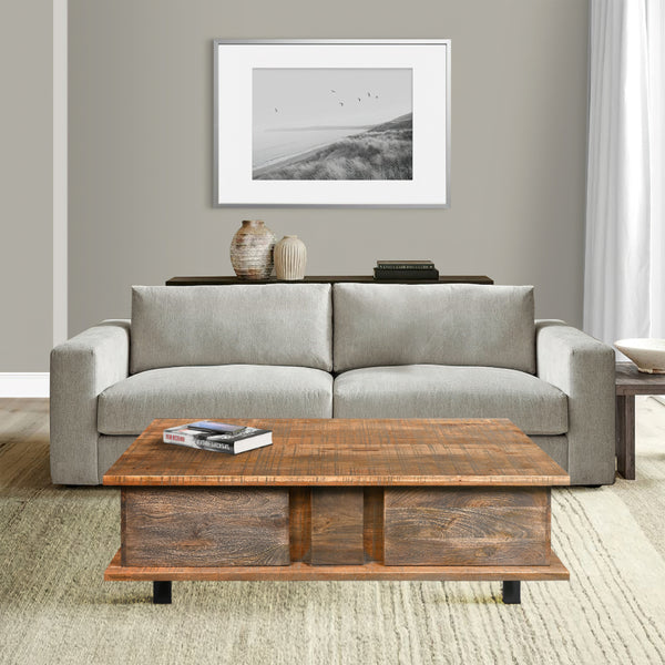 48 Inch Handcrafted Rectangular Coffee Table with 2 Drawers, Black Iron Sled Base, Rustic Natural Brown - UPT-272888