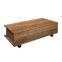 48 Inch Handcrafted Rectangular Coffee Table with 2 Drawers, Black Iron Sled Base, Rustic Natural Brown - UPT-272888