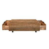 48 Inch Handcrafted Rectangular Coffee Table with 2 Drawers, Black Iron Sled Base, Rustic Natural Brown - UPT-272888