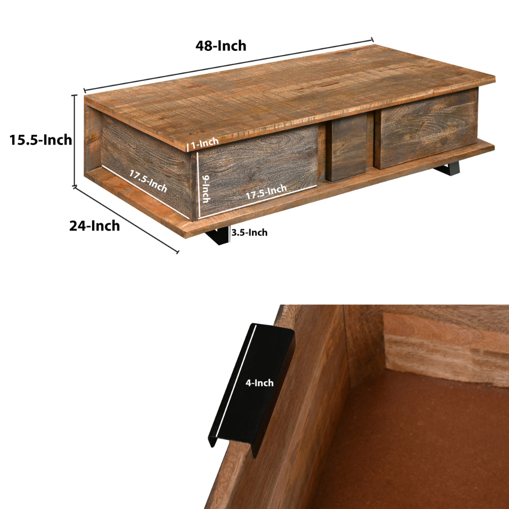 48 Inch Handcrafted Rectangular Coffee Table with 2 Drawers, Black Iron Sled Base, Rustic Natural Brown - UPT-272888