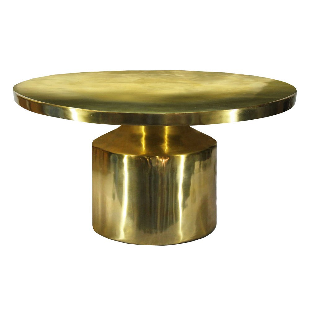 Zoe 30 Inch Modern Classic Round Metal Coffee Table with Pedestal Base, Glossy Gold Brass- UPT-272897
