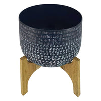 Alex 12 Inch Artisanal Industrial Round Hammered Metal Planter Pot with Wood Arch Stand, Midnight Blue - UPT-272901