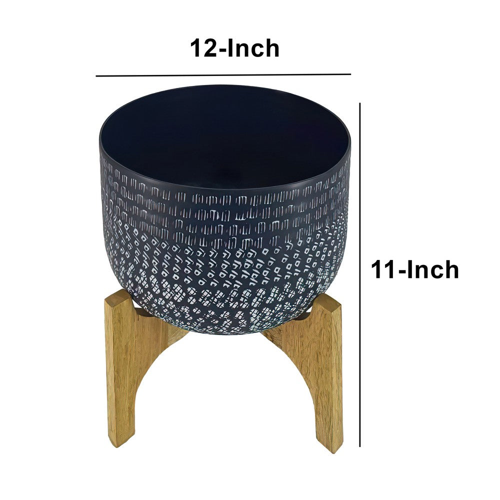 Alex 12 Inch Artisanal Industrial Round Hammered Metal Planter Pot with Wood Arch Stand, Midnight Blue - UPT-272901