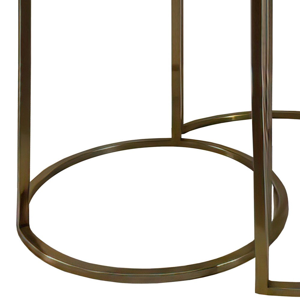 21, 18 Inch Transitional Style Round Marble Top Nesting End Table, Set of 2, Metal Frame, White, Shiny Brass - UPT-272902