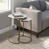 21, 18 Inch Transitional Style Round Marble Top Nesting End Table, Set of 2, Metal Frame, White, Brass - UPT-272902