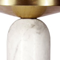 17 Inch Round Brass Modern Accent End Table with Cylindrical Marble Base, Brass, White - UPT-272904