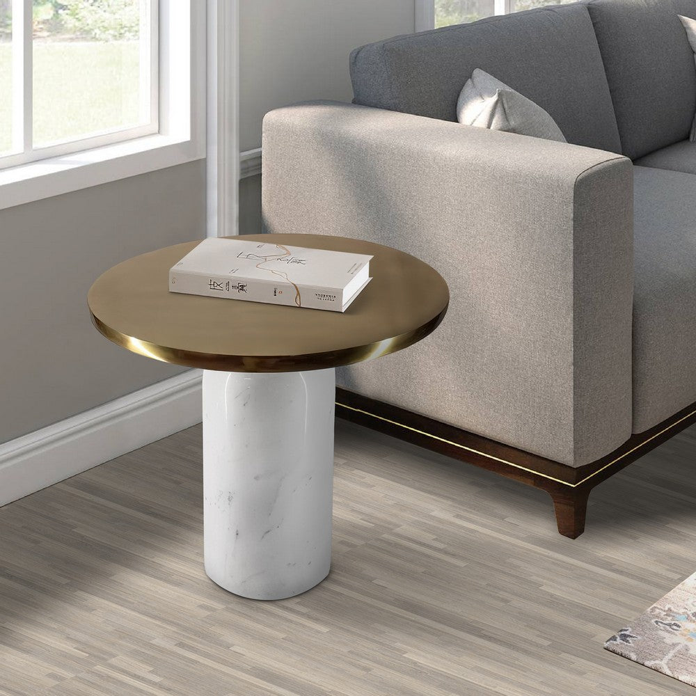 17 Inch Round Brass Modern Accent End Table with Cylindrical Marble Base, Brass, White - UPT-272904