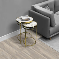 22, 20 Inch Round 2 Piece Marble Top Nesting End Table Set with Metal Frame, Brass Inlay, White - UPT-272905