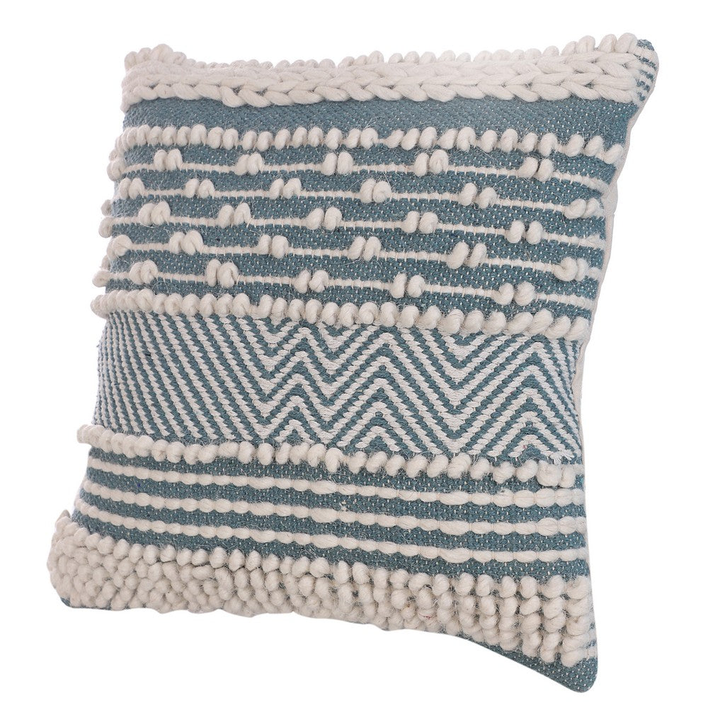 18 x 18 Handcrafted Cotton Accent Throw Pillows, Wavy Woven Pattern, Set of 2, Blue, White - UPT-273455