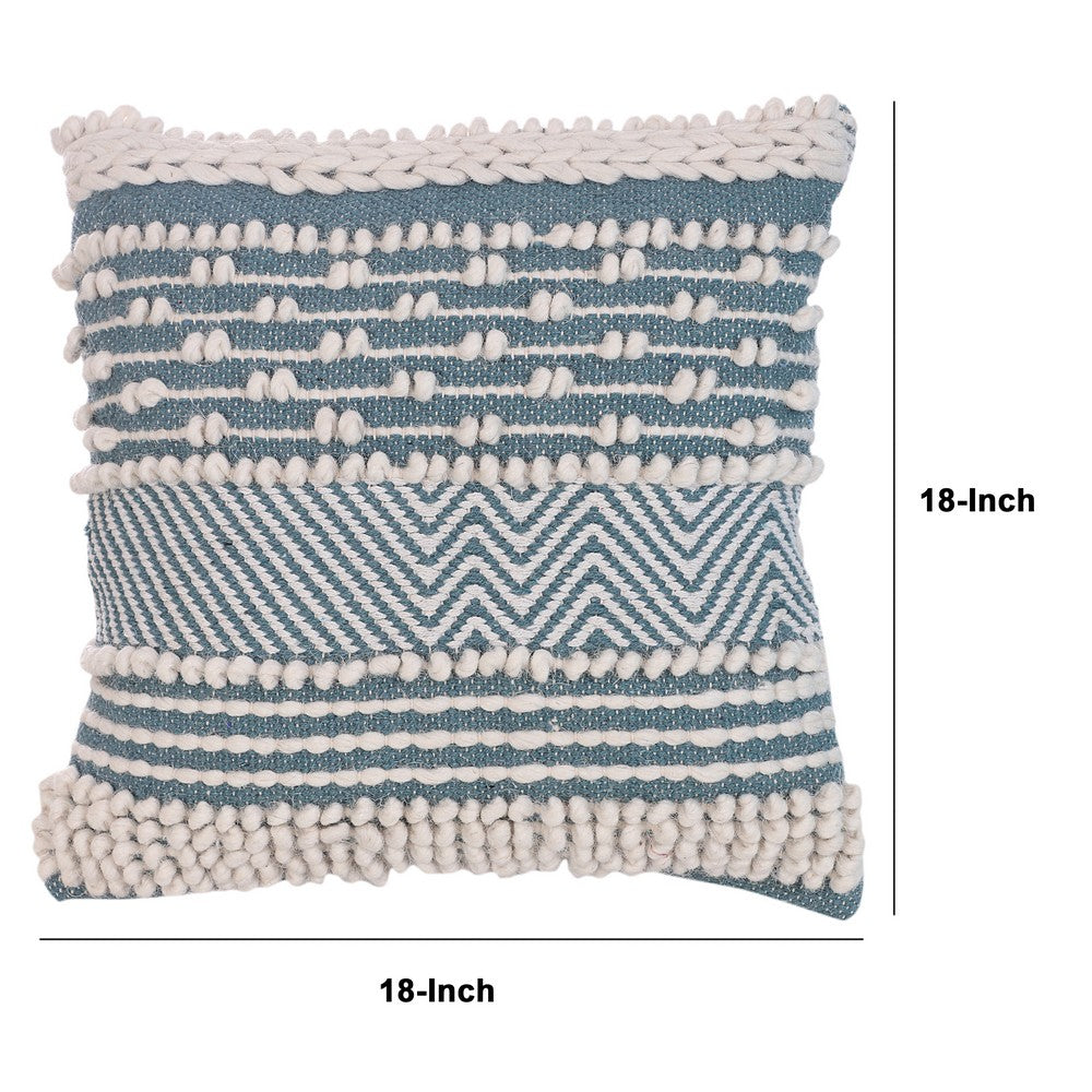 18 x 18 Handcrafted Cotton Accent Throw Pillows, Wavy Woven Pattern, Set of 2, Blue, White - UPT-273455